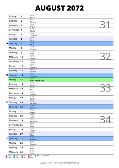 Kalender August 2072 im Hochformat mit Notizbereich