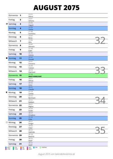 Kalender August 2075 im Hochformat mit Notizbereich