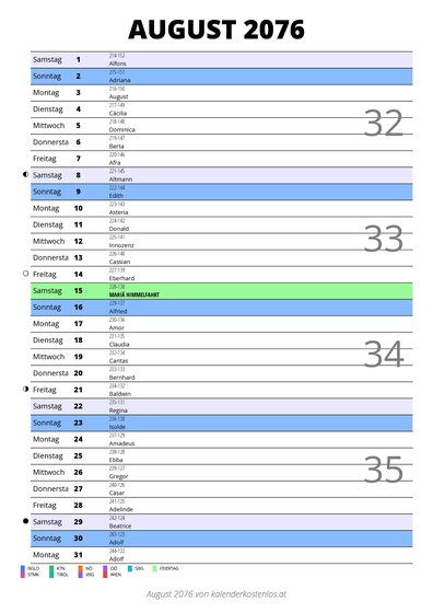 Kalender August 2076 im Hochformat mit Notizbereich