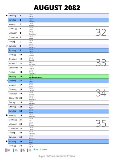 Kalender August 2082 im Hochformat mit Notizbereich