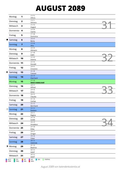 Kalender August 2089 im Hochformat mit Notizbereich