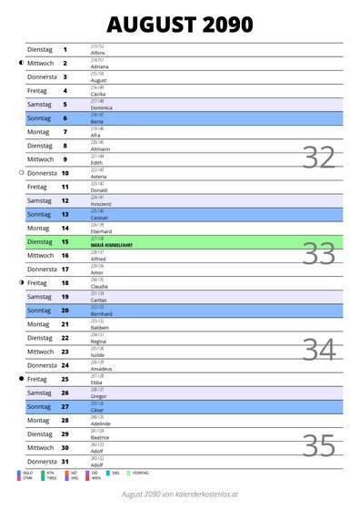 Kalender August 2090 im Hochformat mit Notizbereich
