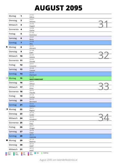 Kalender August 2095 im Hochformat mit Notizbereich