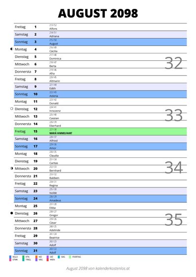 Kalender August 2098 im Hochformat mit Notizbereich