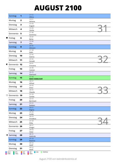 Kalender August 2100 im Hochformat mit Notizbereich