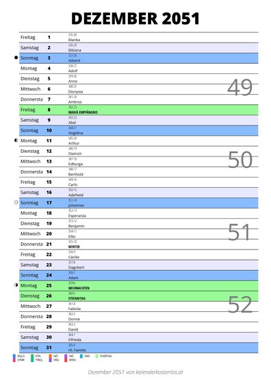 Kalender Dezember 2051 im Hochformat mit Notizbereich
