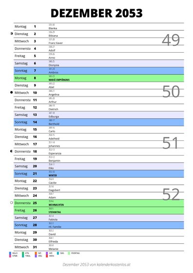 Kalender Dezember 2053 im Hochformat mit Notizbereich