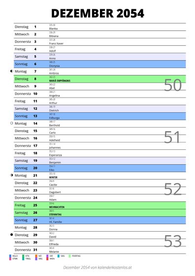Kalender Dezember 2054 im Hochformat mit Notizbereich