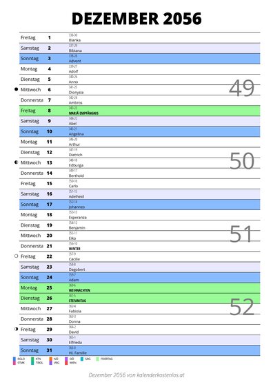 Kalender Dezember 2056 im Hochformat mit Notizbereich