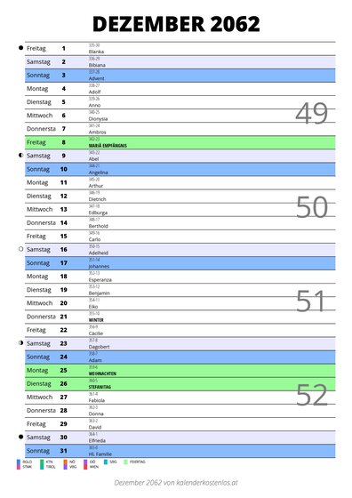 Kalender Dezember 2062 im Hochformat mit Notizbereich