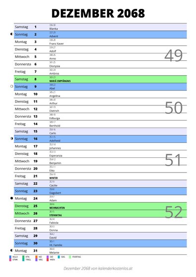 Kalender Dezember 2068 im Hochformat mit Notizbereich
