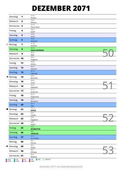 Kalender Dezember 2071 im Hochformat mit Notizbereich