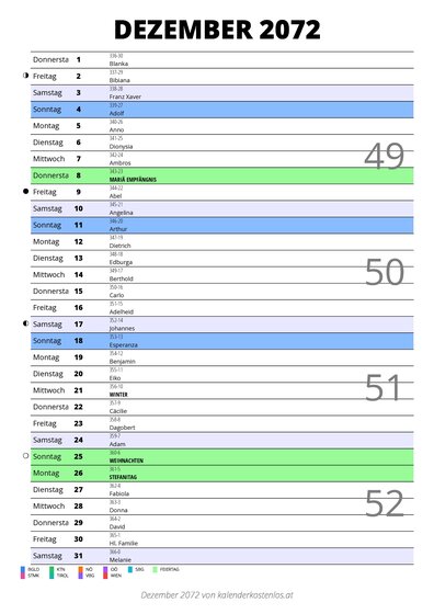 Kalender Dezember 2072 im Hochformat mit Notizbereich