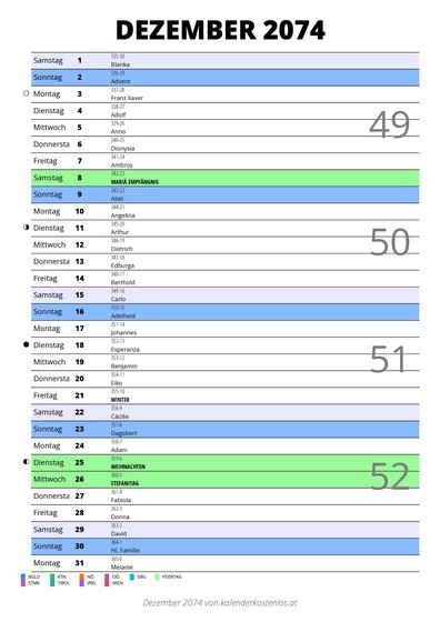 Kalender Dezember 2074 im Hochformat mit Notizbereich