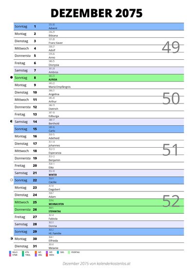 Kalender Dezember 2075 im Hochformat mit Notizbereich