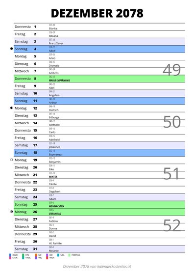 Kalender Dezember 2078 im Hochformat mit Notizbereich