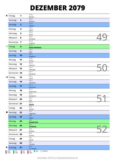 Kalender Dezember 2079 im Hochformat mit Notizbereich