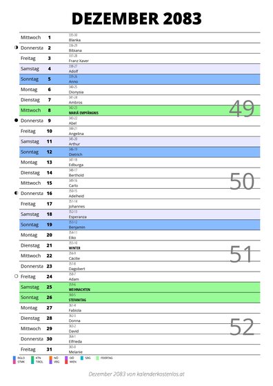 Kalender Dezember 2083 im Hochformat mit Notizbereich