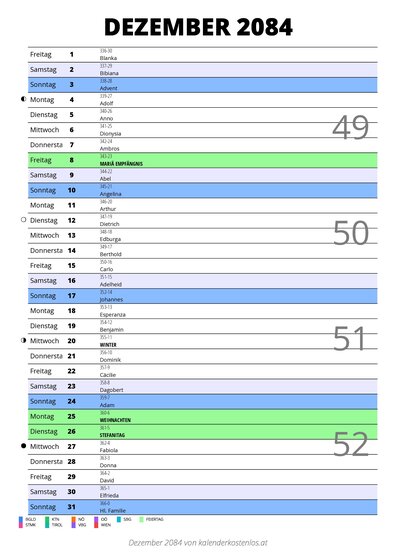 Kalender Dezember 2084 im Hochformat mit Notizbereich