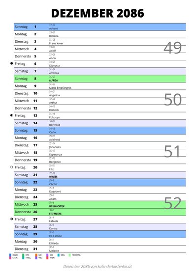 Kalender Dezember 2086 im Hochformat mit Notizbereich
