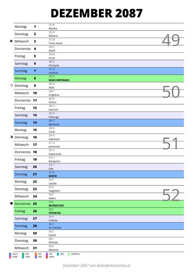 Kalender Dezember 2087 im Hochformat mit Notizbereich