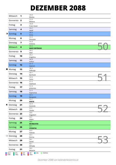 Kalender Dezember 2088 im Hochformat mit Notizbereich