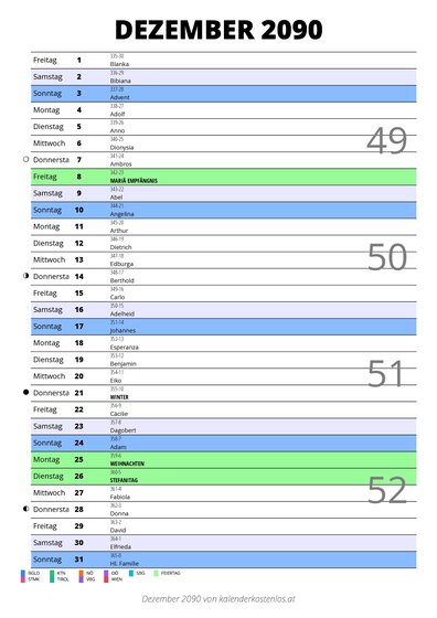 Kalender Dezember 2090 im Hochformat mit Notizbereich