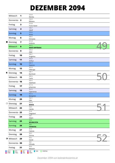 Kalender Dezember 2094 im Hochformat mit Notizbereich