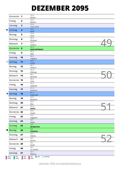 Kalender Dezember 2095 im Hochformat mit Notizbereich