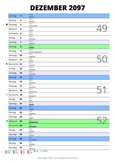 Kalender Dezember 2097 im Hochformat mit Notizbereich