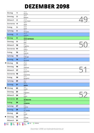 Kalender Dezember 2098 im Hochformat mit Notizbereich