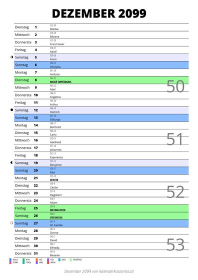 Kalender Dezember 2099 im Hochformat mit Notizbereich