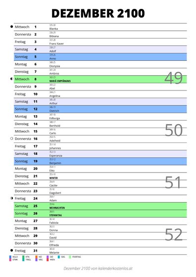 Kalender Dezember 2100 im Hochformat mit Notizbereich