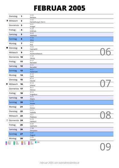 Kalender Februar 2005 im Hochformat mit Notizbereich