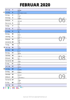 Kalender Februar 2020 im Hochformat mit Notizbereich