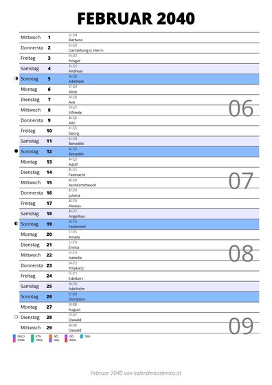 Kalender Februar 2040 im Hochformat mit Notizbereich