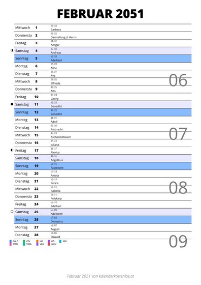 Kalender Februar 2051 im Hochformat mit Notizbereich