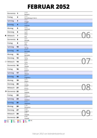Kalender Februar 2052 im Hochformat mit Notizbereich