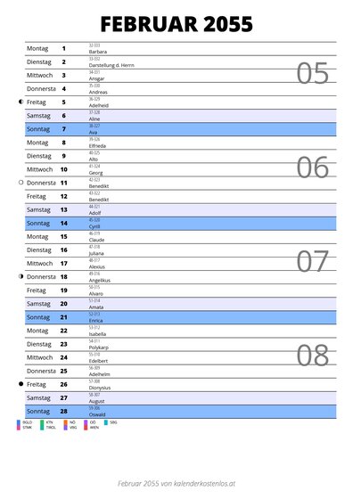 Kalender Februar 2055 im Hochformat mit Notizbereich