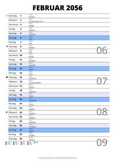 Kalender Februar 2056 im Hochformat mit Notizbereich