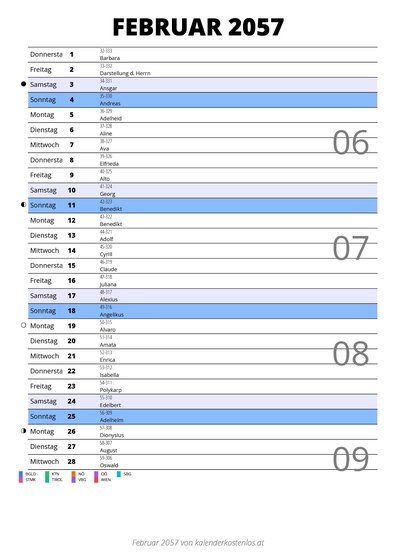 Kalender Februar 2057 im Hochformat mit Notizbereich