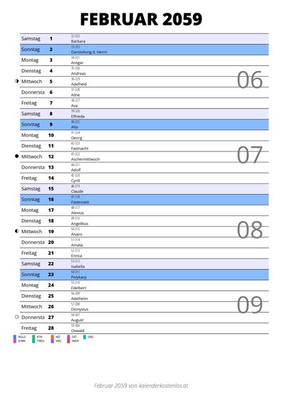 Kalender Februar 2059 im Hochformat mit Notizbereich
