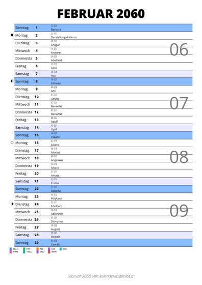 Kalender Februar 2060 im Hochformat mit Notizbereich