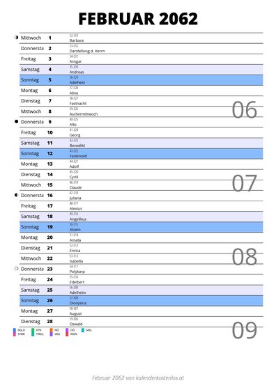 Kalender Februar 2062 im Hochformat mit Notizbereich
