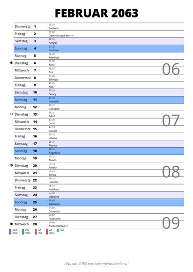 Kalender Februar 2063 im Hochformat mit Notizbereich