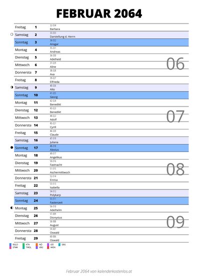 Kalender Februar 2064 im Hochformat mit Notizbereich