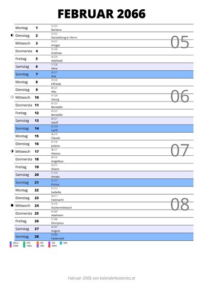 Kalender Februar 2066 im Hochformat mit Notizbereich