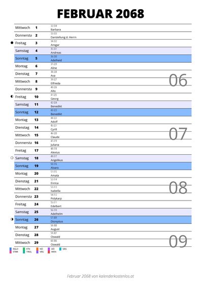 Kalender Februar 2068 im Hochformat mit Notizbereich