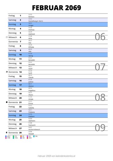 Kalender Februar 2069 im Hochformat mit Notizbereich