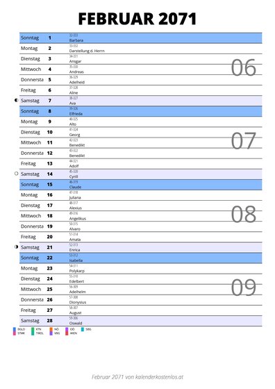 Kalender Februar 2071 im Hochformat mit Notizbereich